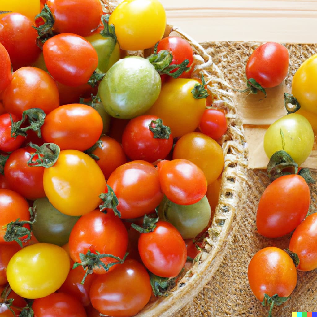 DALL·E 2023-02-02 16.26.38 - a lot of colorful  mini tomatoes  in the basket on the table